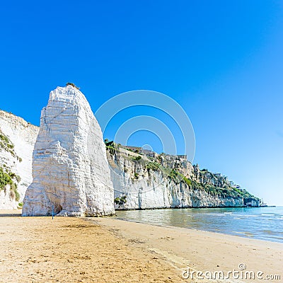 View beach of Vieste with Pizzomunno rock, Gargano coast, Apulia, South of Italy Stock Photo