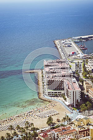 Beach Playa del Postiguet and the hotel Melia Alicante Editorial Stock Photo