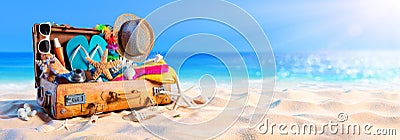 Beach Preparation - Accessories In Suitcase Stock Photo