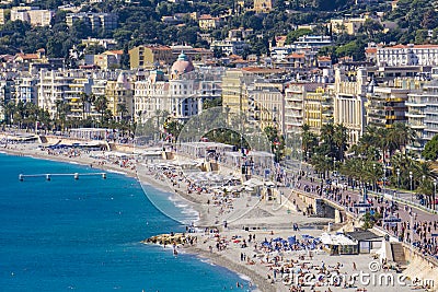 Beach and the Promenade des Anglais at French Riviera in Nice, France Editorial Stock Photo