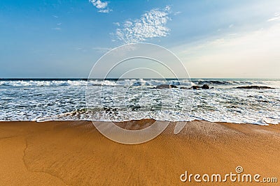Beach with red sand and blue sunset sky in Congo Town, Monrovia Stock Photo