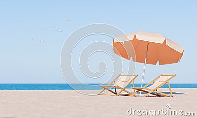 Beach Relaxation Scene with Sun Loungers and Umbrella Stock Photo