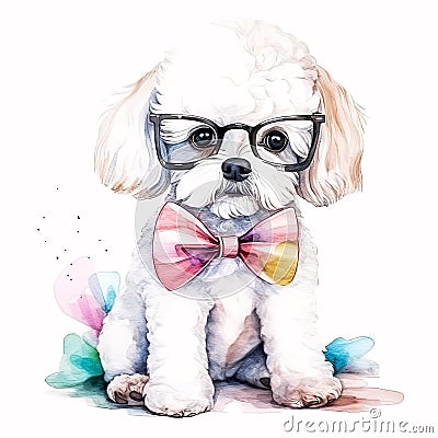 Pastel Headband Bandana and Glasses Create a Chic Look for This Bichon Frise Puppy AI Generated Stock Photo