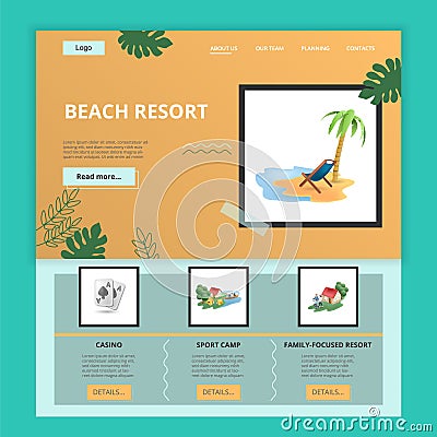 Beach resort flat landing page website template. Casino, sport camp, family-focused resort. Web banner with header Vector Illustration