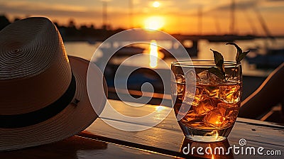beach restaurant on sunset sea,people relax ,yacht boat on sea water, Stock Photo