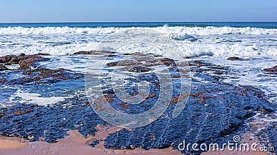 Beach Rocky Coastline Blue Ocean Horizon Stock Photo