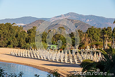 Beach with rows of umbrellas and chairs by the sea in a holiday village during the summer in Italy. Trees and mountains in the Stock Photo