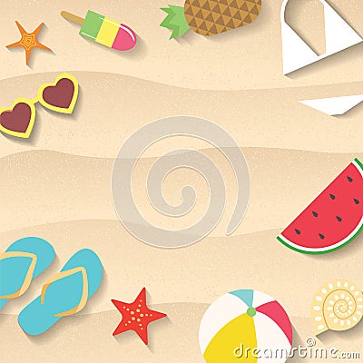 Beach sand background with different summer items flat illustration. Watermelon slice, flip flops, sunglasses and sea stars Vector Illustration