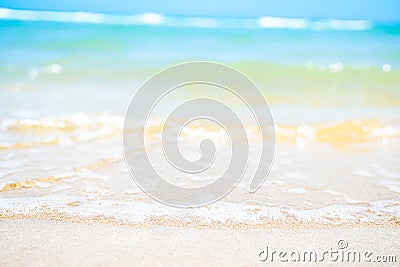 Beach Sand on Sea Background Shore Summer with White Wave and Blue Ocean,Beautiful Seascape Nature for Tourism Vacation Travle Stock Photo