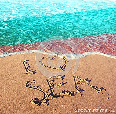 Beach sand, sea and flag Bulgaria. I love Bulgaria concept Stock Photo