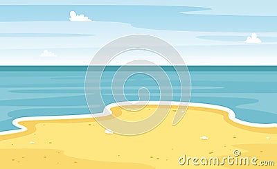 Beach and sand. Sea or ocean scene. Summer landscape. Cartoon vacation travel banner. Vector Vector Illustration