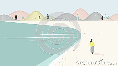 Beach scenery landscape, girl walking on the beach surrounded by sea and mountains Vector Illustration