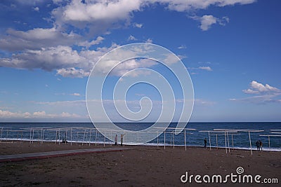 Beach, sea, clouds and people in Kemer, Antalya, Turkey. Editorial Stock Photo