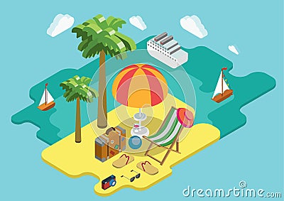 Beach sea ocean cruise summer vacation flat 3d isometric concept Vector Illustration