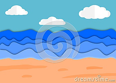 Beach and sea view in the summer background. Vector with paper cut design concept. Vector Illustration