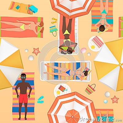 Beach seamless pattern top view. Summer people on a sunny beach. View from above summertime people with Umbrellas Vector Illustration