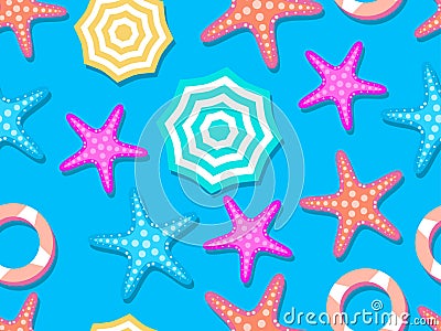 Beach seamless pattern, top view. Beach umbrella and towel on the sand, starfish. Flat design style. Vector illustration Vector Illustration