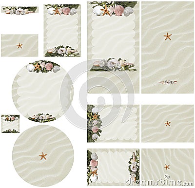 Beach seashell and seaweed theme in white sand wedding invitation set 2 Stock Photo