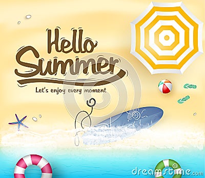 Beach Seashore Top View with Hello Summer Message Vector Illustration