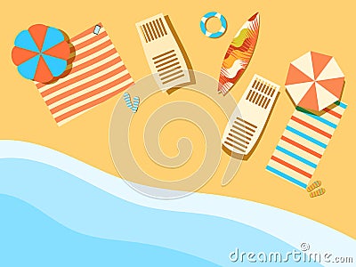 Beach, seashore with waves. Chaise lounge with umbrella, surfboard. View from above. Bedspread with flip flops. Vector Vector Illustration