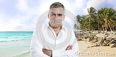 Beach senior tourist summer vacation white shirt Stock Photo