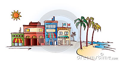 Beach with shops Vector Illustration