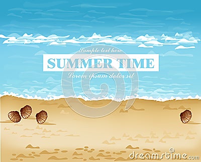 Beach shore summer card Vector. Waves, blue sea and Sand backgrounds Stock Photo