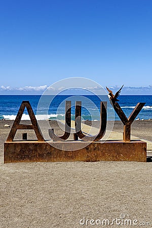 Beach sign - Playa de los Muertos in Ajuy, Fuerteventura, Canary Islands, Spain Stock Photo