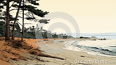 Beach Sketch: Pine Trees And Serene Shore Cartoon Illustration
