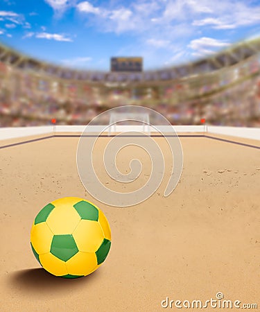 Beach Soccer Arena With Ball on Sand and Copy Space Stock Photo