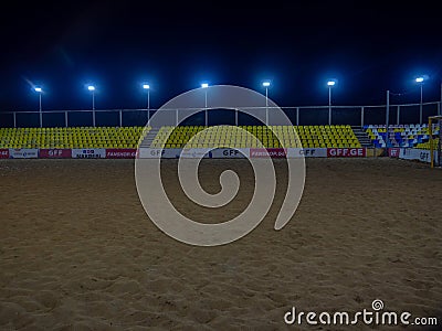 Beach soccer field. Sand play concept. Competition sponsors. View of the viewer. Team confrontation Editorial Stock Photo