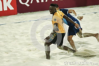 Beach soccer teams, the Bahamas and Guatemala, playing in the CONCACAF Beach Soccer Championship Editorial Stock Photo