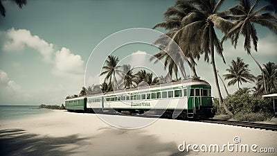 beach state keys _A holiday train that journeys through a exotic island. The train is white and green, Stock Photo