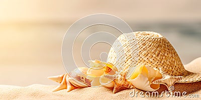 Beach straw hat, shells and starfishes on sand. Summer vacation concept background. Created with generative Ai Stock Photo