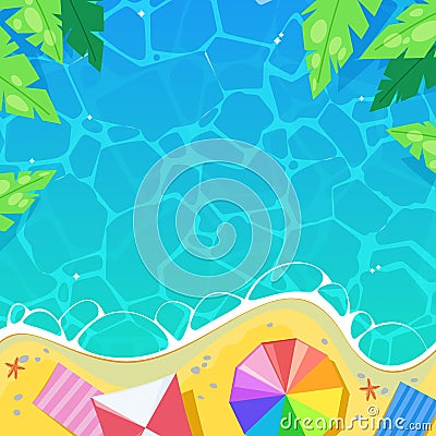 Beach striped umbrellas by the sea, top view vector illustration. Summer holiday, travel and vacation concept. Vector Illustration