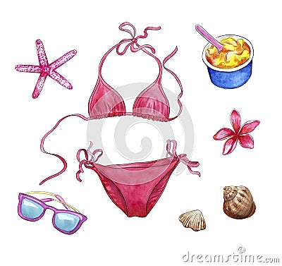 Beach stuff, travel set, watercolor objects of vacation: bikini, shells, sunglasses, plumeria flower, ice0cream and starfish Stock Photo