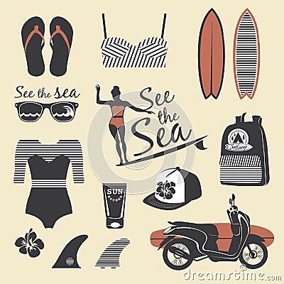 Beach style. Surfer girl retro vector set. Vintage surf elements Vector Illustration