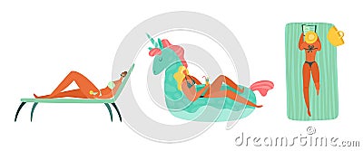 Beach summer people. Vacation ocean woman relax on chaise lounge, swimming sunbathing characters in sea, girls floating Vector Illustration