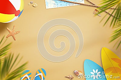 Beach in summer time surrounded with objects for fun. In the shade of palm trees Stock Photo