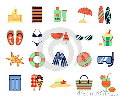 Beach summer vacation flat icons. Vector summertime signs Vector Illustration