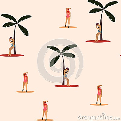 Beach summer vacation seamless pattern. Retro art deco poster. Flat illustration. Cartoon Illustration