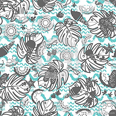 Beach summer vacation seamless vector pattern. White, grey and blue vintage style Stock Photo