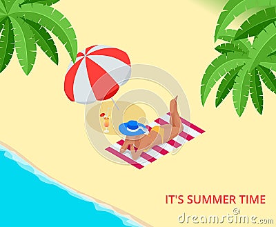 Beach summer vacation. Woman relaxing sunbathing on white sand and turquoise ocean. Isometric tourist girl lying down on Vector Illustration