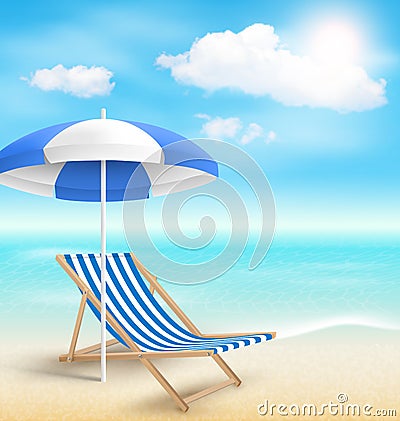 Beach with Sun Beach Umbrella Beach Chair and Clouds. Summer Vac Vector Illustration