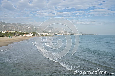 Beach on a sunny day. Mediterranean coast, sea. Alcossebre, Valencia Spain. Stock Photo