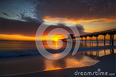 Beach at sunrise, creative digital illustration painting, poetic scenery background Cartoon Illustration