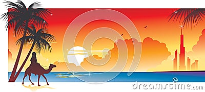 Beach Sunset Banner Vector Illustration