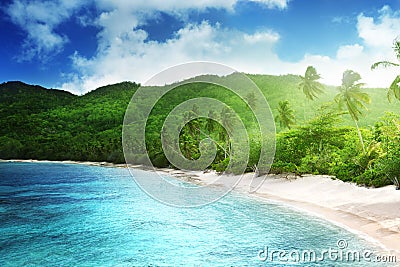 Beach in sunset time on Mahe island Stock Photo