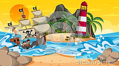 Beach at sunset time scene with pirate kids cartoon character on the ship Vector Illustration