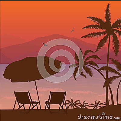 Beach sunset two chair palm tree and umbrella silhouette Vector Illustration